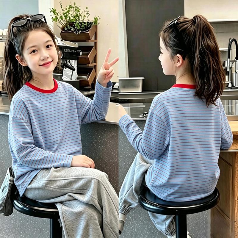 Girls' Striped Long-Sleeve T-shirt for Spring/Autumn 2026 - New Style, Ages 6-12, Round Neck Base Layer Top