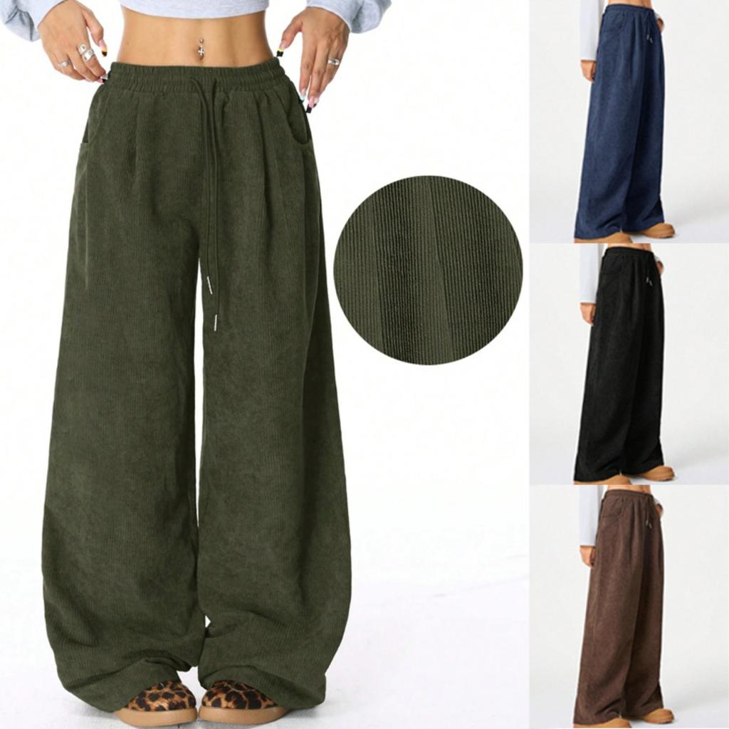 Women's Drawstring Elastic Waist Wide Leg Pants Loose Fit Corduroy Palazzo Trousers