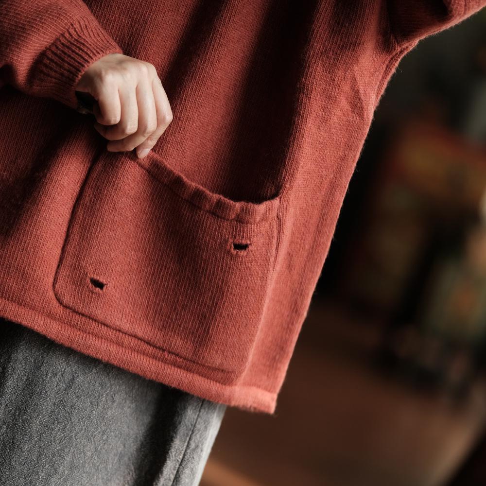 Vintage Wool V-neck Hooded Sweater in Orange