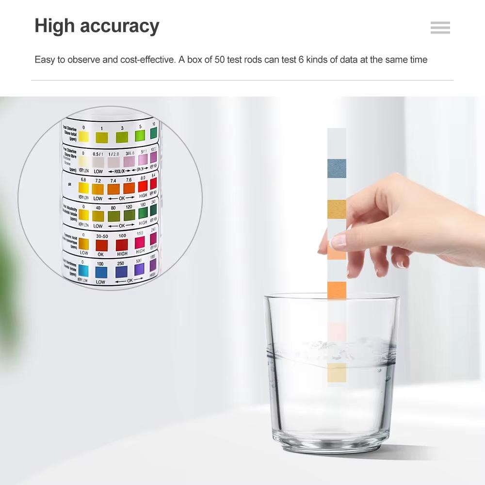 50pcs 6 In 1 Chlorine PH Test Strips Swimming Pool Spa Water Test Paper Hardness Chlorine Alkalinity PH Cyanuric Bromine Detect