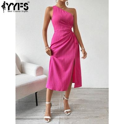 Women's Fashion Summer Spring Solid Color Print Sleeveless Oblique Collar High Waist Casual Dresses