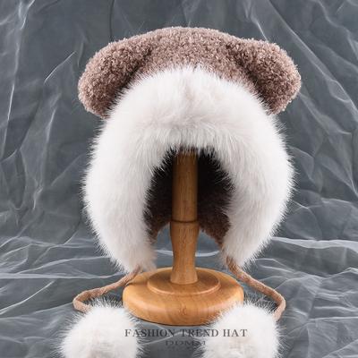 Sweet and Lovely Plush Knitted Thunderbolt Hat Female Fall and Winter Warmth Cold Teddy Velvet Bear Ears Strapped Pullover Hat