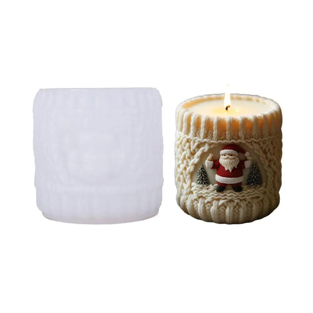 Santa Claus Knitted Cylinder Candle Silicone Mold Relief Santa Mold Claus Cylindrical Candle Mould Aromatherapy Gypsum Chri J8D3