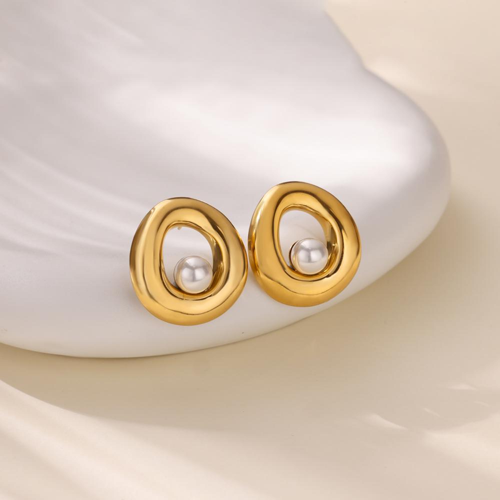 Hollow Imitation Pearl Stud Earring Women Stainless Steel Gold Color Geometric Hoop Piercing Earring Chunky Wedding Zircon Gift