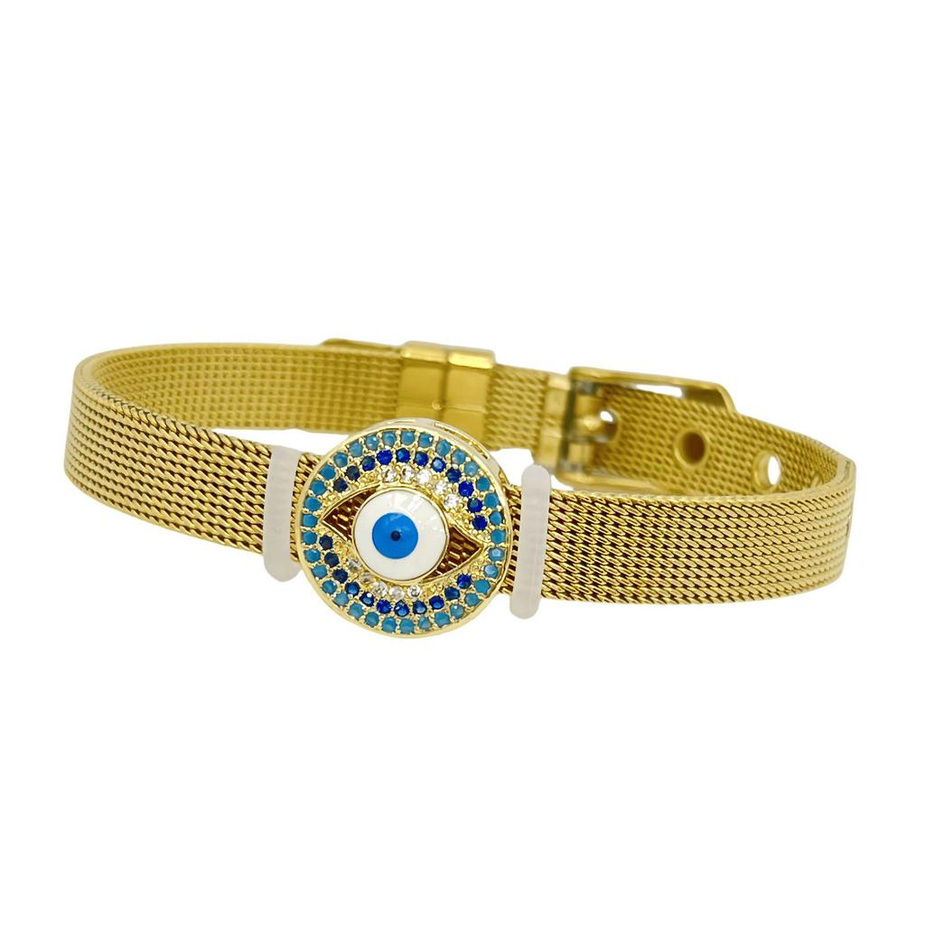 Stainless Steel Watch Band with Devil's Eye Zircon Bracelet - Stylish European and American Fashion Jewelry