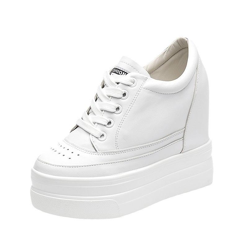 Fashion 11CM Genuine Leather Shoes New Autumn Winter Lace-up High-top Women Sneaker Shoes High Heels Increase Within Wedges Casual Shoes