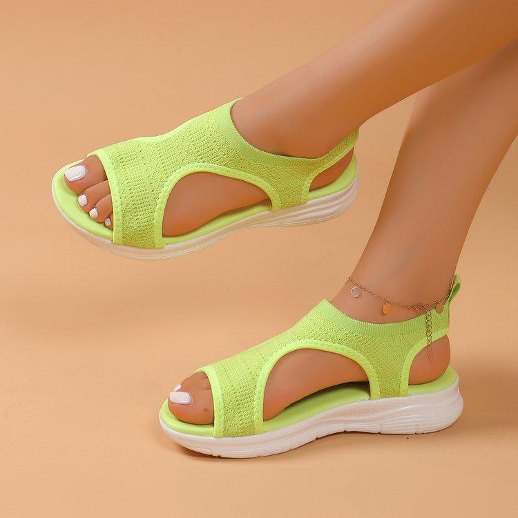 Women's Plus Size Breathable Knit Flat Sandals - European & American Casual Thick-Soled Beach Sandals