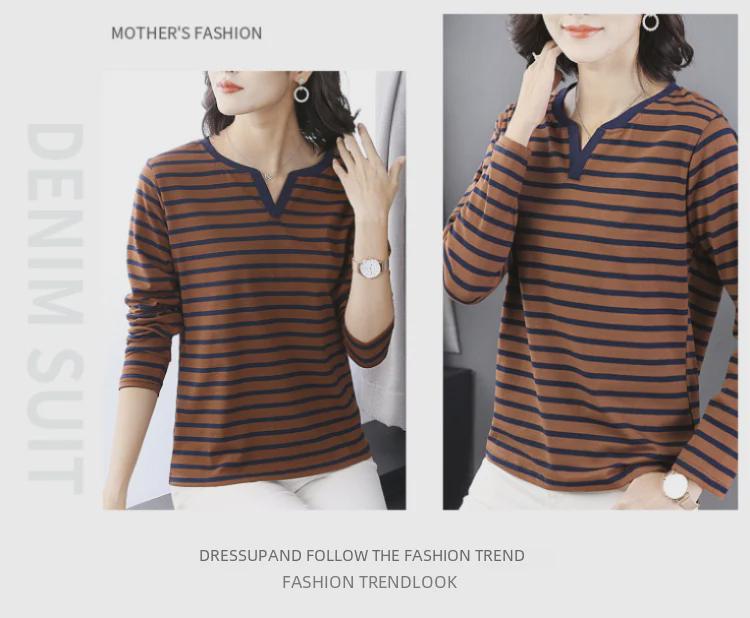 Women's V-Neck Long-Sleeve Pure Cotton T-Shirt for Middle-Aged, Loose-Fit Autumn/Spring Top