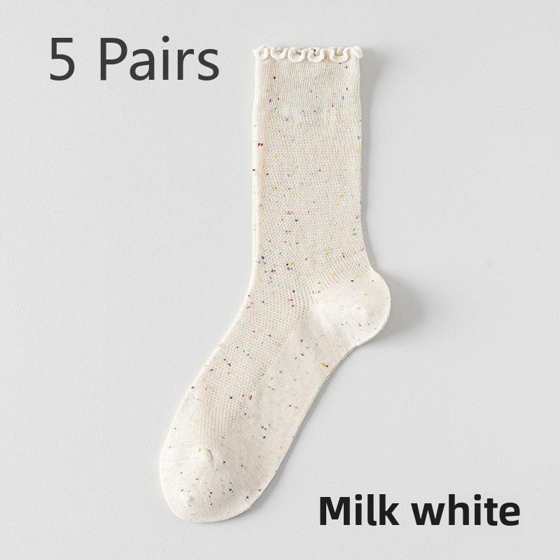 5 Pairs of Female Spring and Summer Thin Agaric Lace Sweat Absorbing Breathable Boneless Long Tube Pile Socks