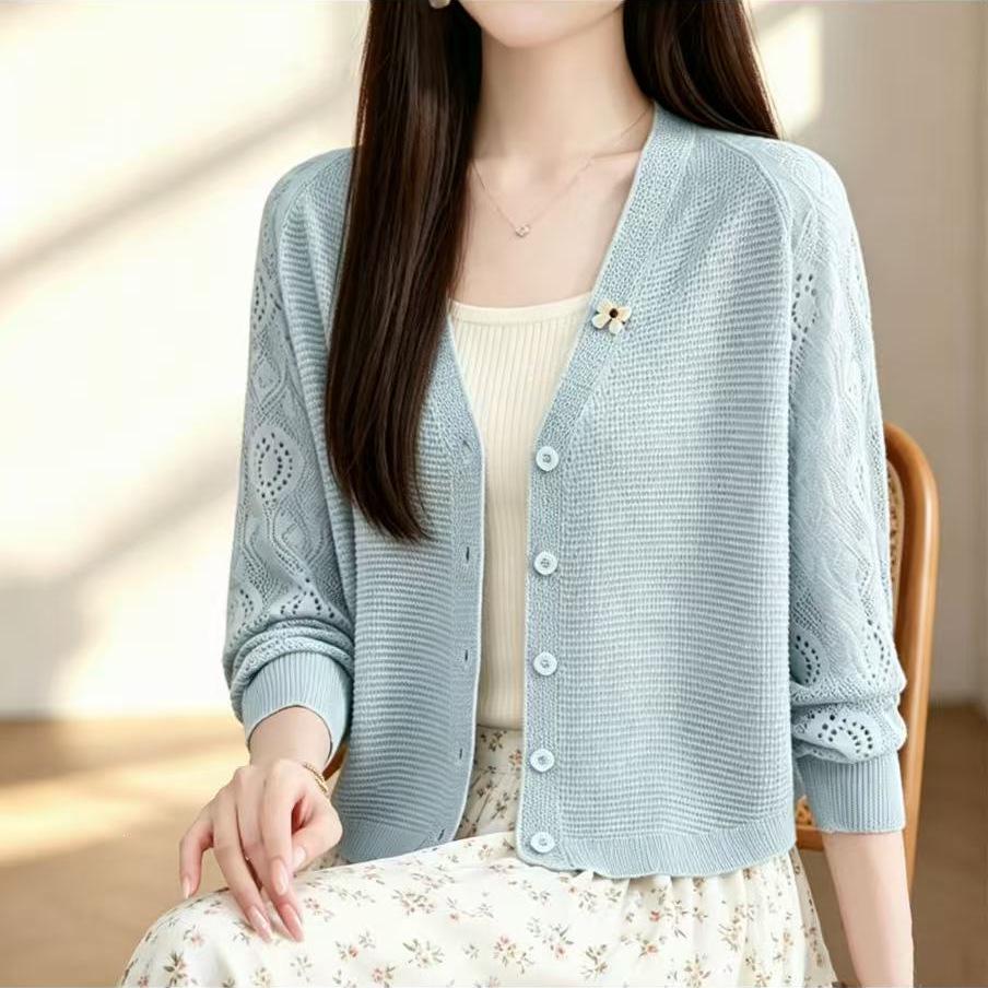 2026 Summer Ice Silk Hollow Knit Cardigan - Women's Lightweight Long/Short Sleeve Sun Protection Jacket