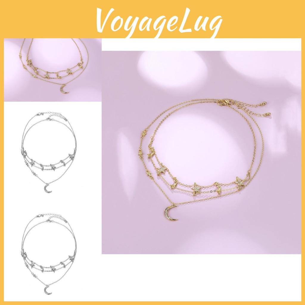 Elegant Geometric Design Alloy Layered Necklace Featuring Shimmering Stars And Moons For Women