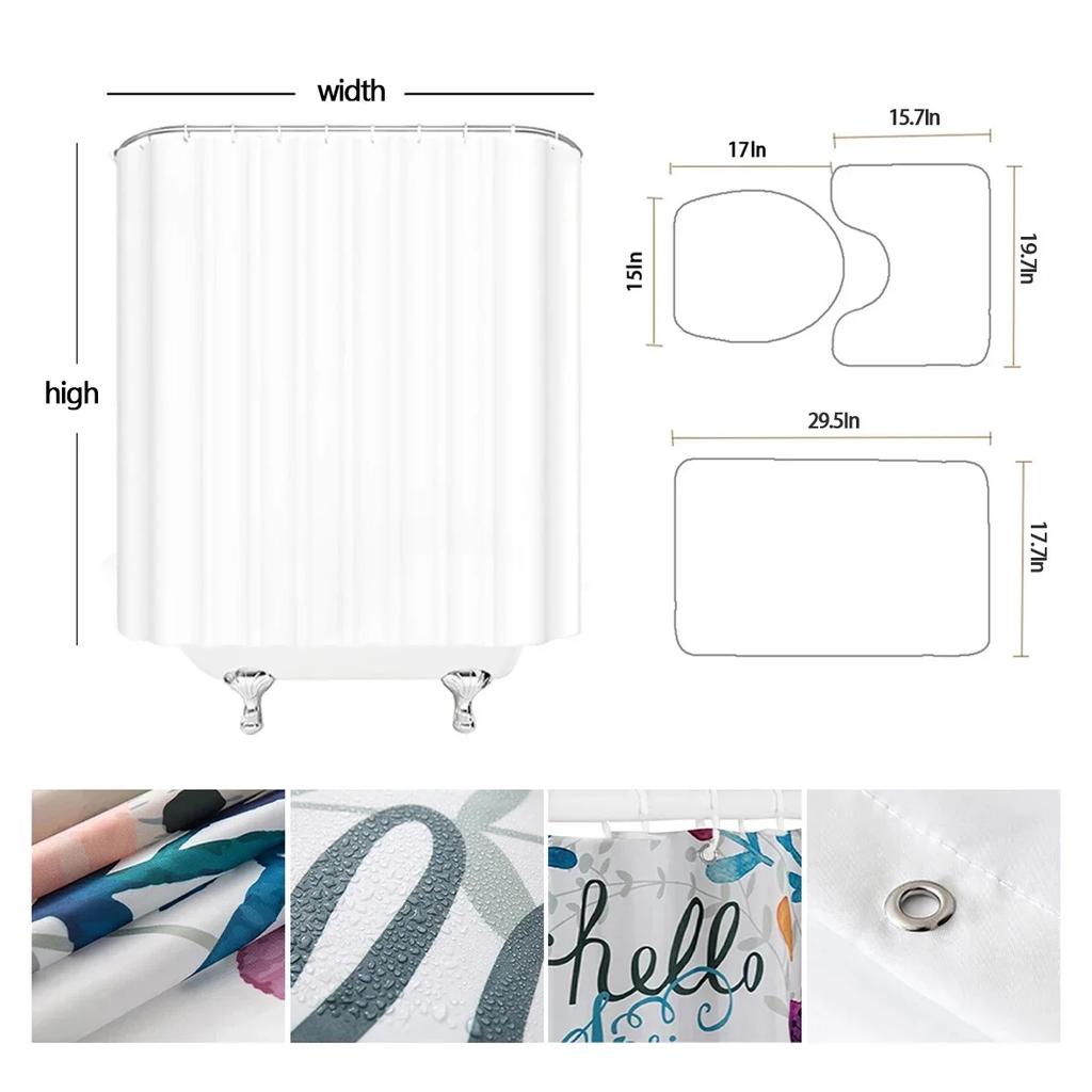 4pcs Blue And White Flower Bird Dream Window Printed Shower Curtain Set, Ring Multi Size, Decorative Bathroom Set Includes