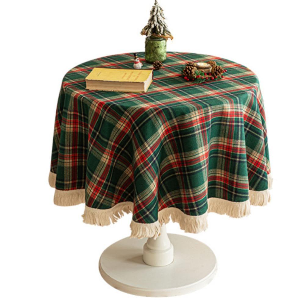 Christmas Tablecloth Round Checkered Fringe Red Green Plaid Vintage Luxury Party Dining Table Cover Decor