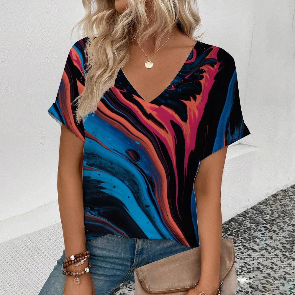 Women'sshort Sleeve V-Neck T-Shirt Colorful Tassels Pattern T-Shirt Fashion Casual Women's Elegant Comfort Large Size T-Shirt