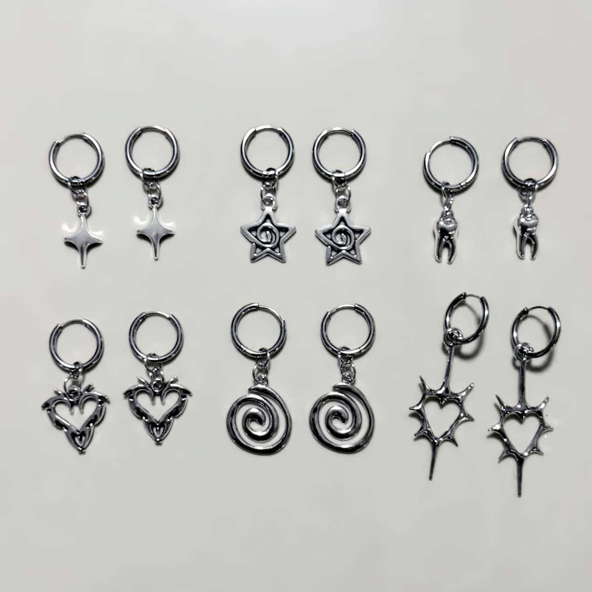 6 Pairs Retro Spiral Tooth Vortex Star Flame Heart-shaped Pendant Hoop Earrings for Women Dangle Earrings Y2K Jewelry Sets Gifts
