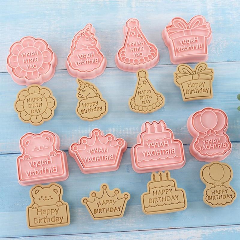 16pcs Birthday Cookie Mould Biscuit Fondant Embosser Stamp for Wedding Party Plastic Cake Decorating Baking Tool