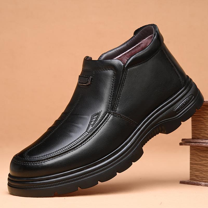 First layer cowhide high-top cotton shoes men's fur integrated one-pedal velvet pure wool thick-soled warm men's snow boots