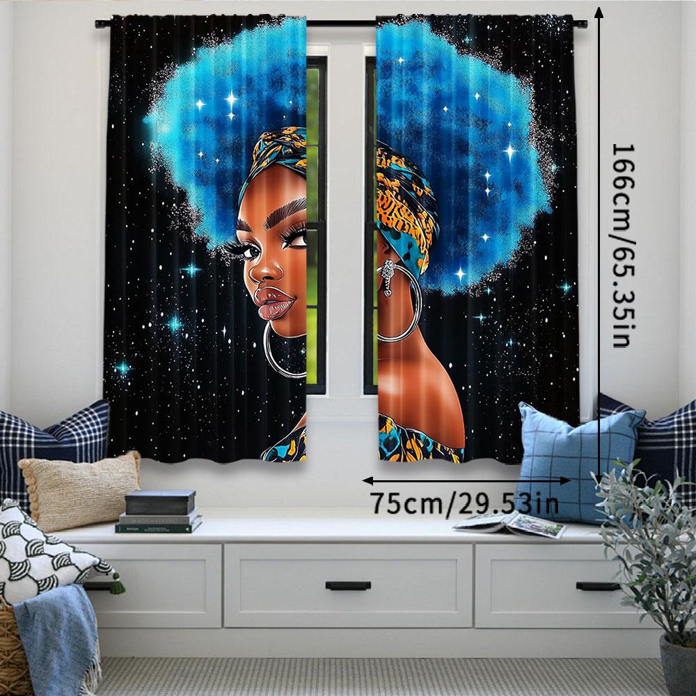 2Pcs Black Curtain African American Woman Afro Lady With Blue Hair Suitable For Bedroom Living Room Dining Room And Bathroom A