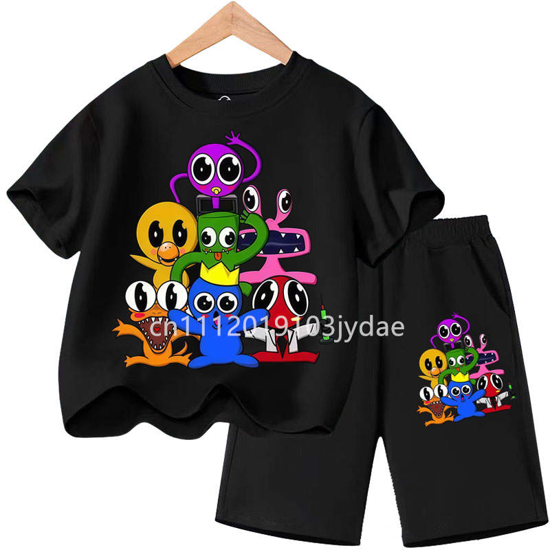 Sommer Kurzarm T-Shirt Set Cartoon T-Shirts Spiel Anime Shirts Camiseta Kinder Regenbogen T-Shirt Freunde Mädchen Jungen Kleidung 140 black