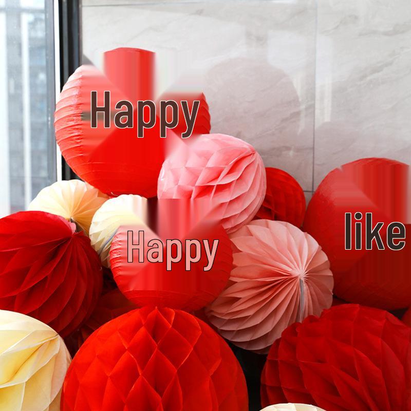 Wedding Double Happiness Garland & Lantern Set with Honeycomb Ball Columns for Background Decor