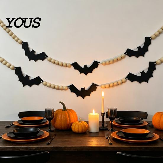 Ghost Halloween Garland 2 Pcs 7.5FT Garland, Felt Pumpkin Bat Skull with Banner Decoration Wood Beads, Party Hanging for Fireplace Doorway Indoor