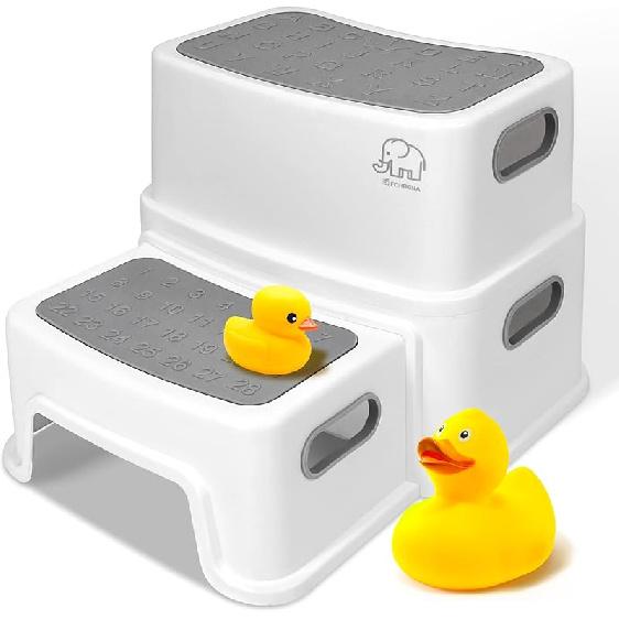 Forbena Toddler Step Stool for Bathroom Sink, 2 Step Stool for Kids Toilet Potty Training, Non-Slip Toddlers Baby Child Kid Plastic Poop Stools with White-grey