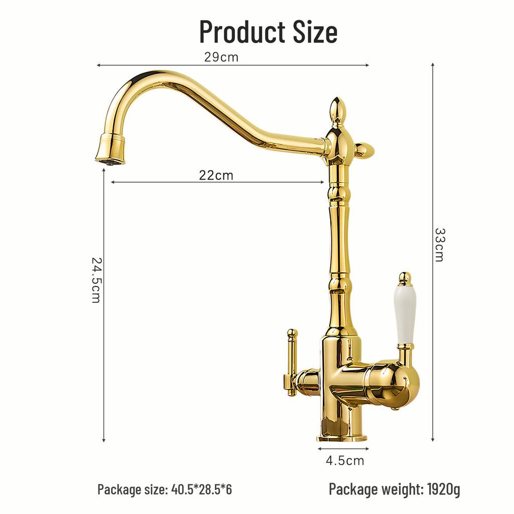Antique Gold All-Copper 3-in-1 Kitchen Faucet: Hot/Cold Water for Sink & Vegetable Wash Basin, Splash-Proof Design