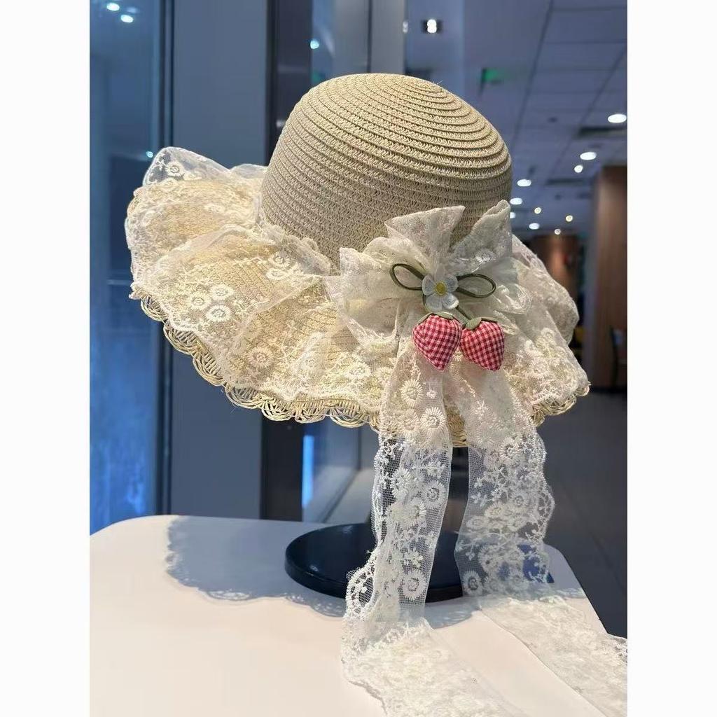 French Floral Lace Bow Straw Hat Women's Summer Seaside Beach Vacation Big Eaves Sunshade Sun Hat