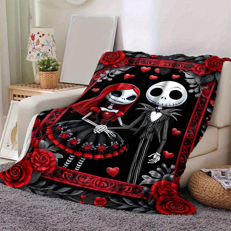 1pc, Cozy Home Decor: Jack and Sally Skeleton Couple Flannel Throw Blanket Gift for Bedroom, Living Room, Travel, Camping, Car