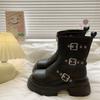 Women Mid-calf Boots Fashion Belt Buckle Designer Women Boots Round Toe Platform Boot Retro Casual Leather Boots for Women Botas