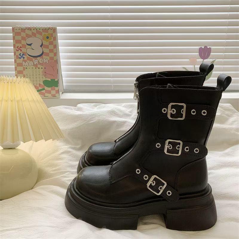 Women Mid-calf Boots Fashion Belt Buckle Designer Women Boots Round Toe Platform Boot Retro Casual Leather Boots for Women Botas