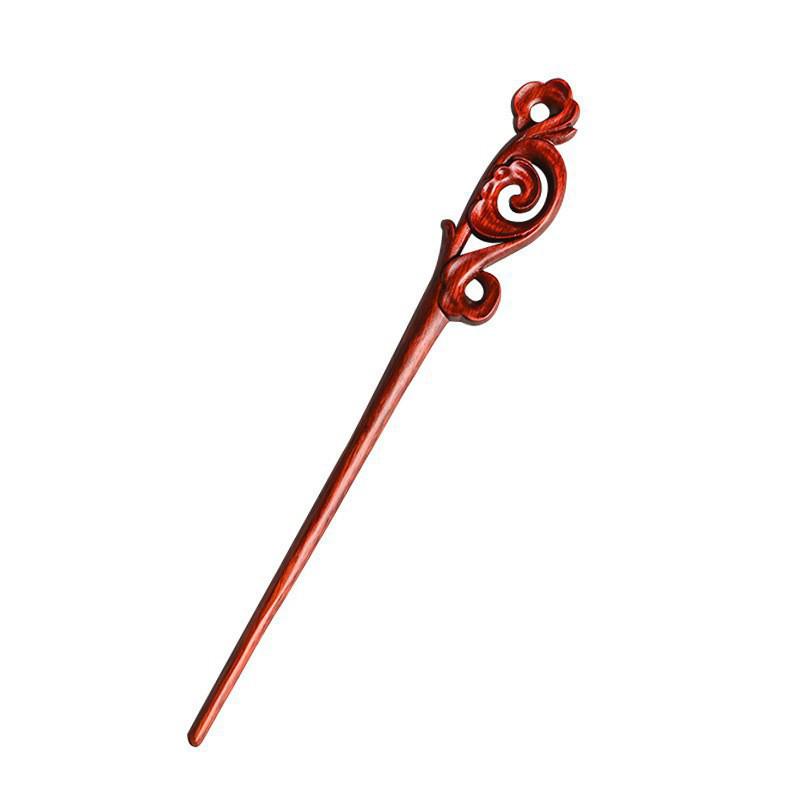 Red Sandalwood Women's Retro Hanfu Hairpins: Hollow Carved Moon Rabbit Wooden Ornaments