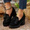 Fashion Single Shoes Women's Thick Bottomed Loafers Black Suede Bowknot Round Head Pumps Fashion Slip on Shallow Mouth High Heel  Shoes
