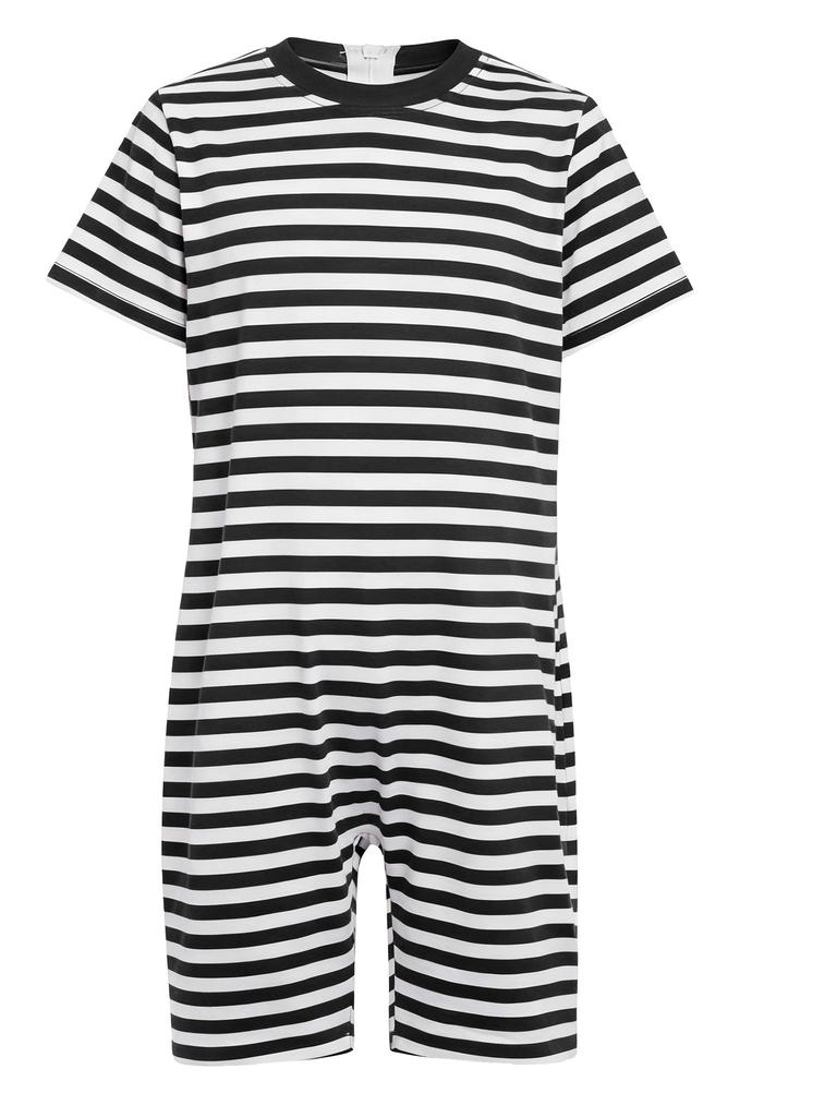 3 Piezas Mono Rayado Adaptativo para Niños Cuello Redondo Manga Corta Longitud hasta el Muslo Espalda Anti-Rayas Cremallera Invisible para Cuidado de Necesidades Especiales