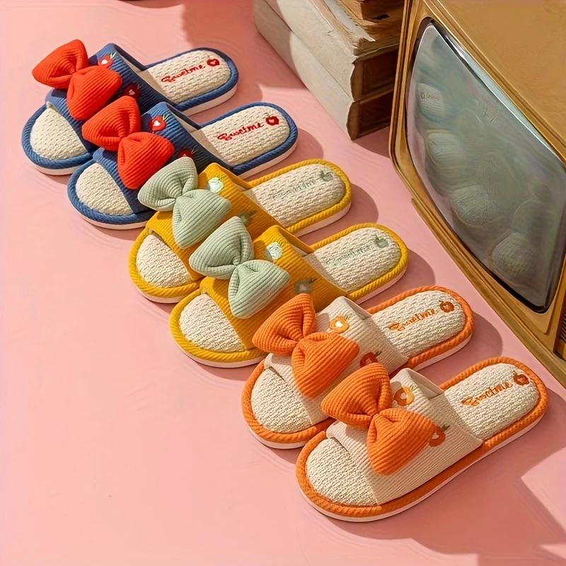 Søte bomullstøfler i lin for kvinner til innendørs og husholdningsbruk, tregulv, sklisikre og slitesterke bomulls- og lintøfler