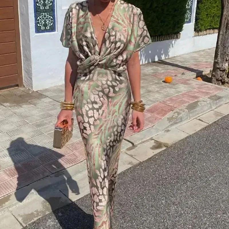 

Сексуальное миди-платье с V-образным вырезом и принтом Твист Женская мода Трансграничное платье с коротким рукавом длиной до колена 3XL