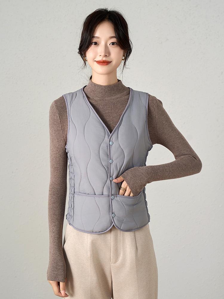 Women's V-Neck Slim Short Down Cotton Vest with Warm Velvet Inner Layer - 2026 Autumn/Winter Collection