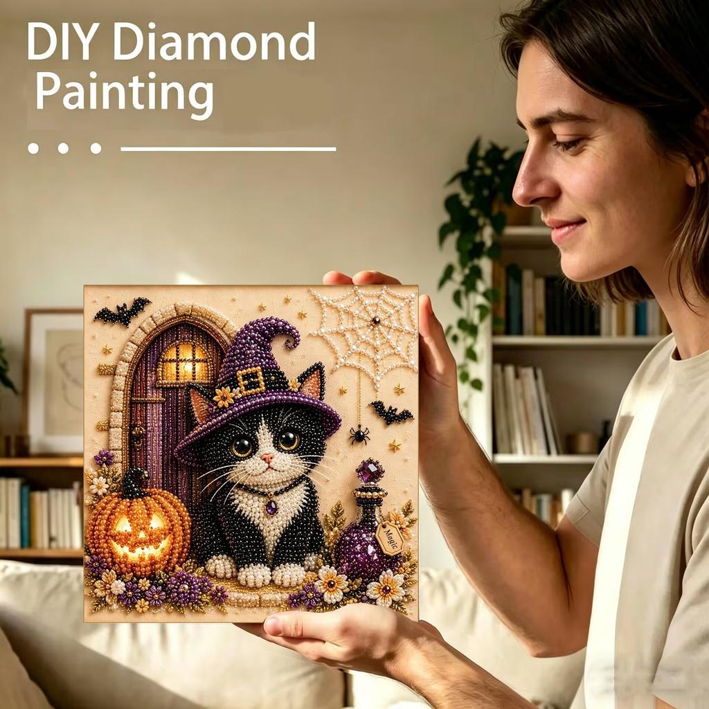 DIY Diamond Painting Kit Halloween Cat Pearl Diamond Painting, Partially Pre-Punched Canvas, Perfect for Home Decor and Holida