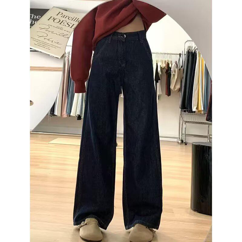Plus Size Retro Dark Blue Wide-Leg Jeans for Women - Autumn/Winter Drapey Mop Pants