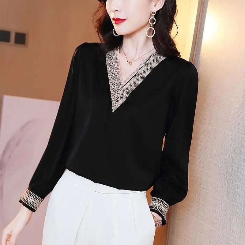 WTEMPO Solid Color Spring Autumn Women's V-neck Chiffon Shirts Long Sleeve Elegant Casual Versatile Bottom Tops