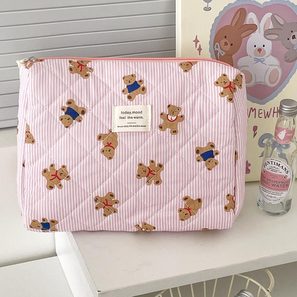 Blue Striped Teddy Bear Makeup Bag Cartoon Girl Heart Portable Large Capacity Quilted Toiletry Storage Bag for Going Out