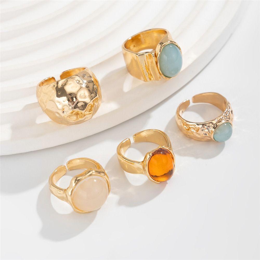 5Pcs Gold Tone Vintage Ring Set Aesthetic Alloy Fashion Jewelry Gift Boho Open Rings  for Women