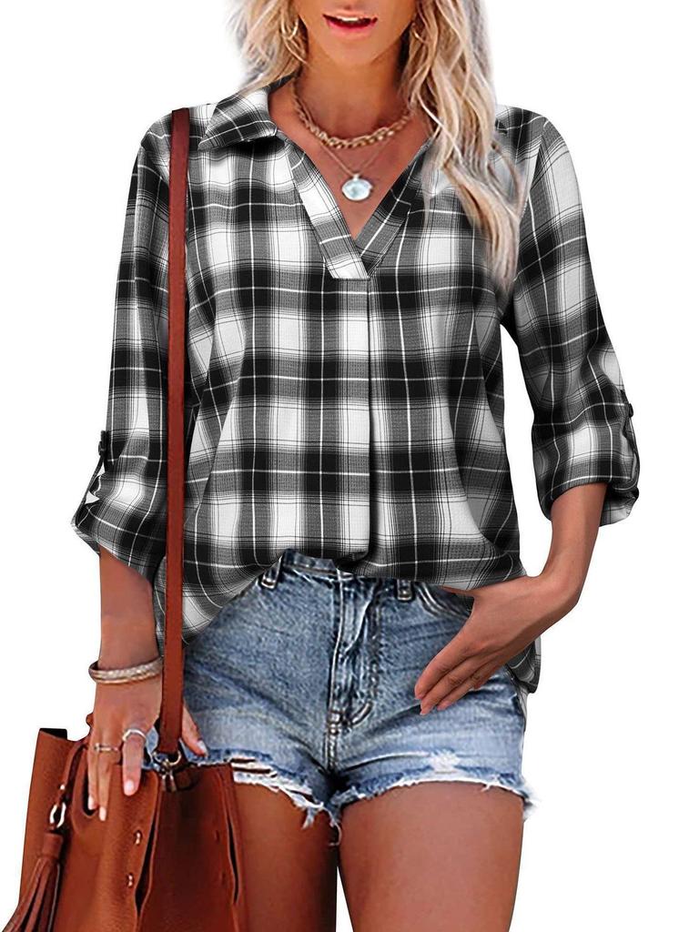 2025 V-Neck Long-Sleeve Plaid Lapel Loose-Fit Women's Pullover