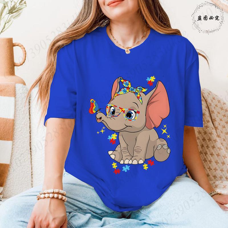 Unisex's Autism Awareness T-shirts: Cute Elephant Puzzle Graphic Tops Walking A Different Path Short Sleeve Autism Support Tees