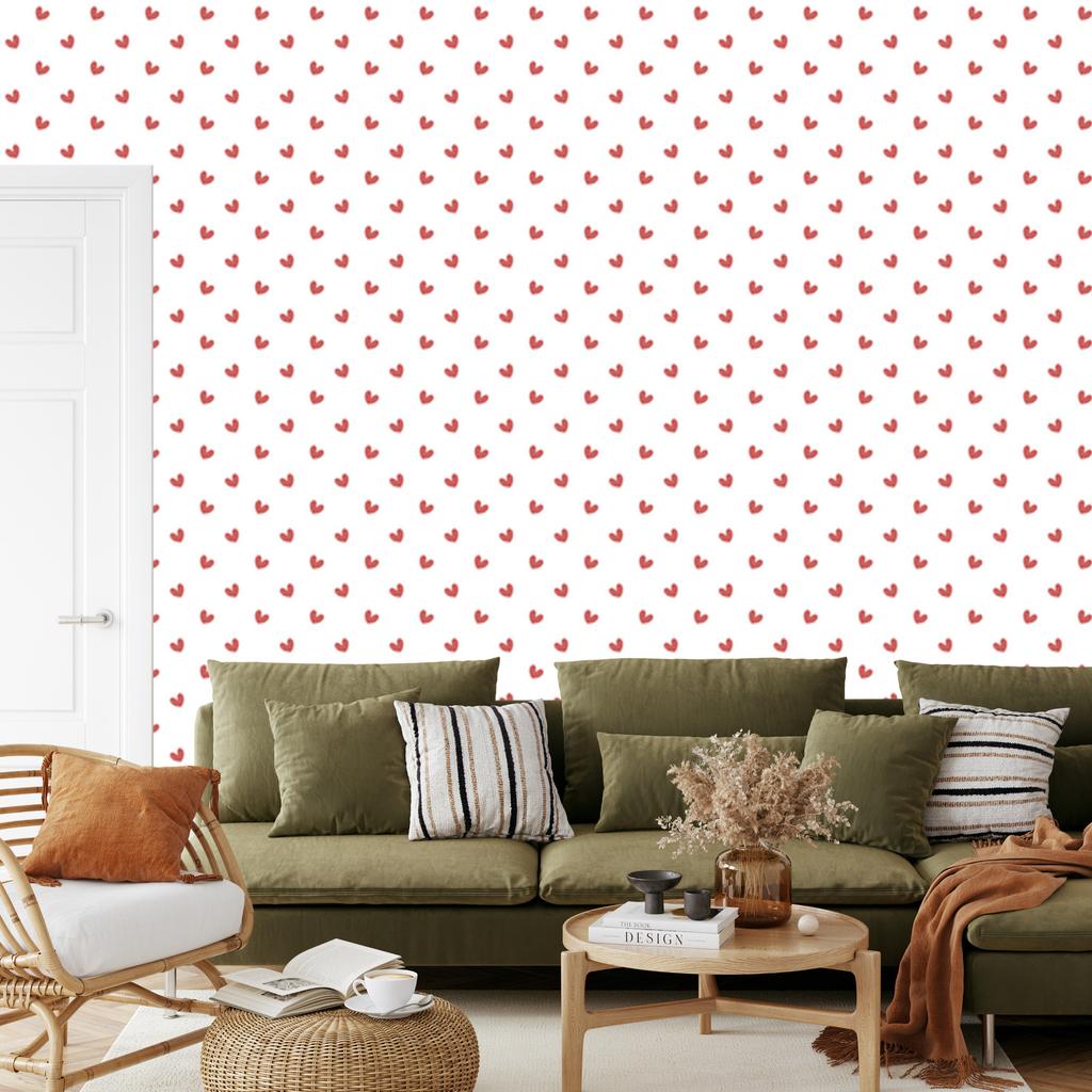 Hearts Wallpaper White, Coral and Red 50x1000