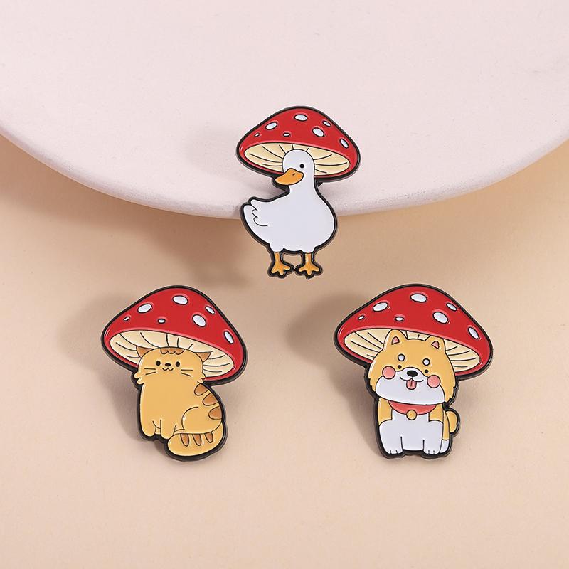 Kawaii Cat Under Mushroom Cap Enamel Pins Cute White Goose Dog Cartoon Animal Brooches Lapel Badge Jewelry Gifts for Friends