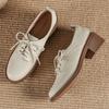Fashion 2025 Solid Color Office Shoes Lace Up Round Toe Soft Bottom Thick Heels Leisure Pumps Leather Comfortable Mid Heels Women Shoes
