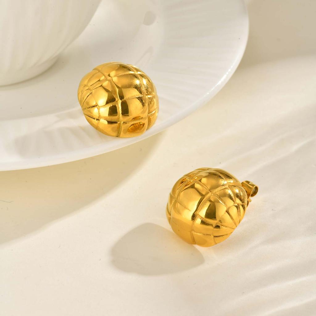 Glossy Hemisphere Braided Stud Earrings,Women's Stainless Steel Ball Earrings Gold Color,Fashion Jewelry Gift