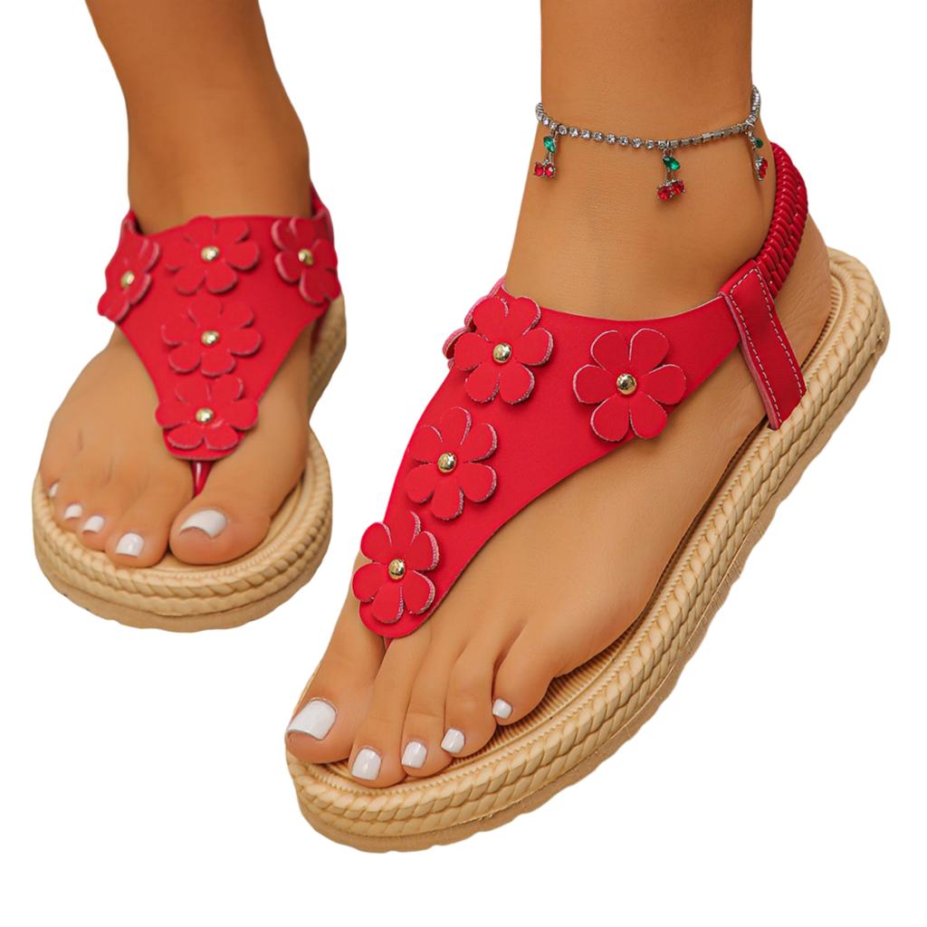 Women Floral Embellished Toe Loop Sandals Elastic Back Strap Flat Sole Comfortable Casual Footwear for Summer Beach Outdoor