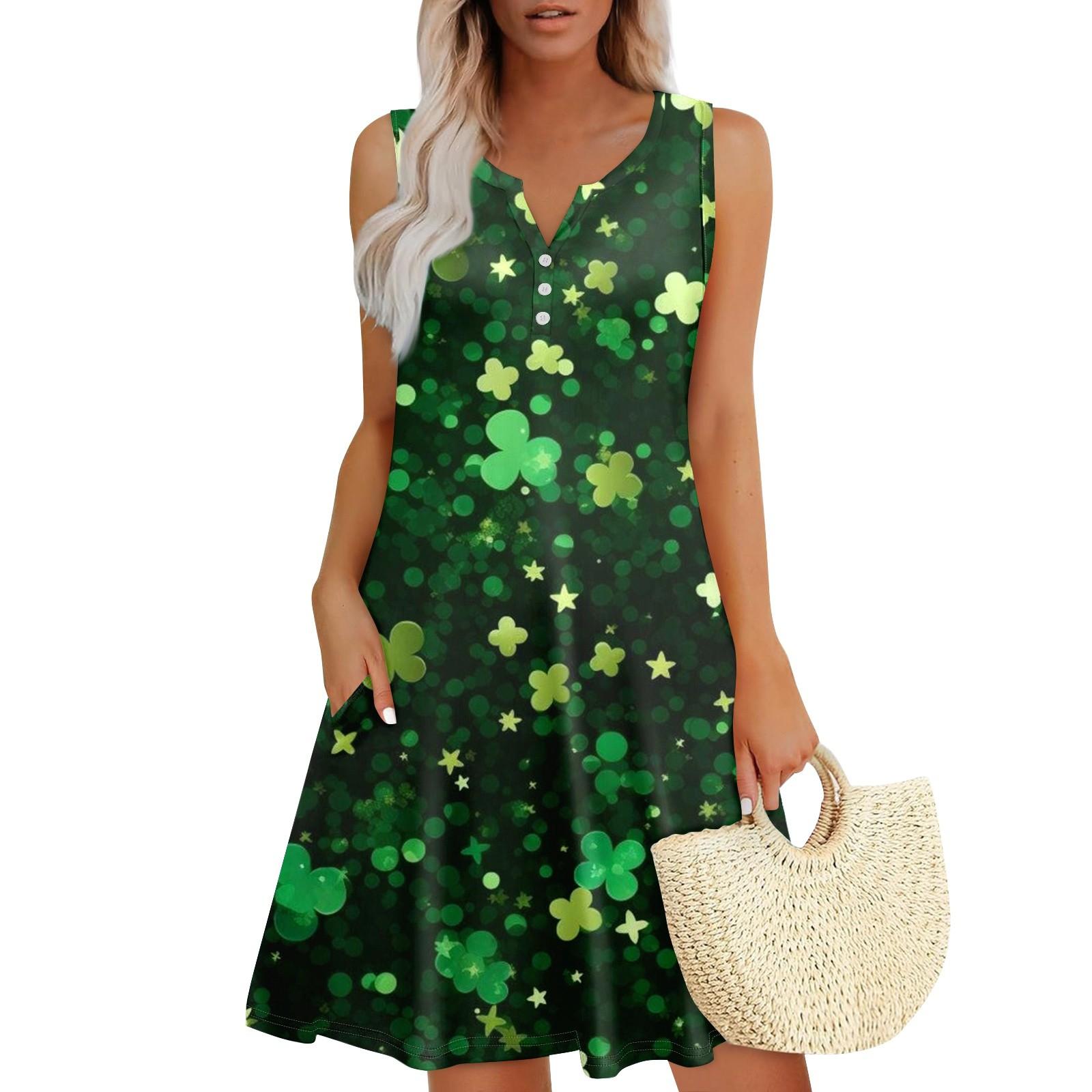 

Женские летние платья Свободные сарафаны без рукавов с V-образным вырезом Платье с карманами XL темно-зеленого